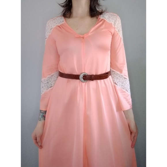 Vintage 70s 80s Coral Lingerie Nightgown Small Mumu Maxi Dress Bell Sleeve - Picture 3 of 9